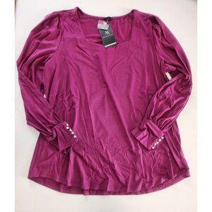 MICOSON Square Neck Puff Sleeve Beaded Cuff Top Magenta XL